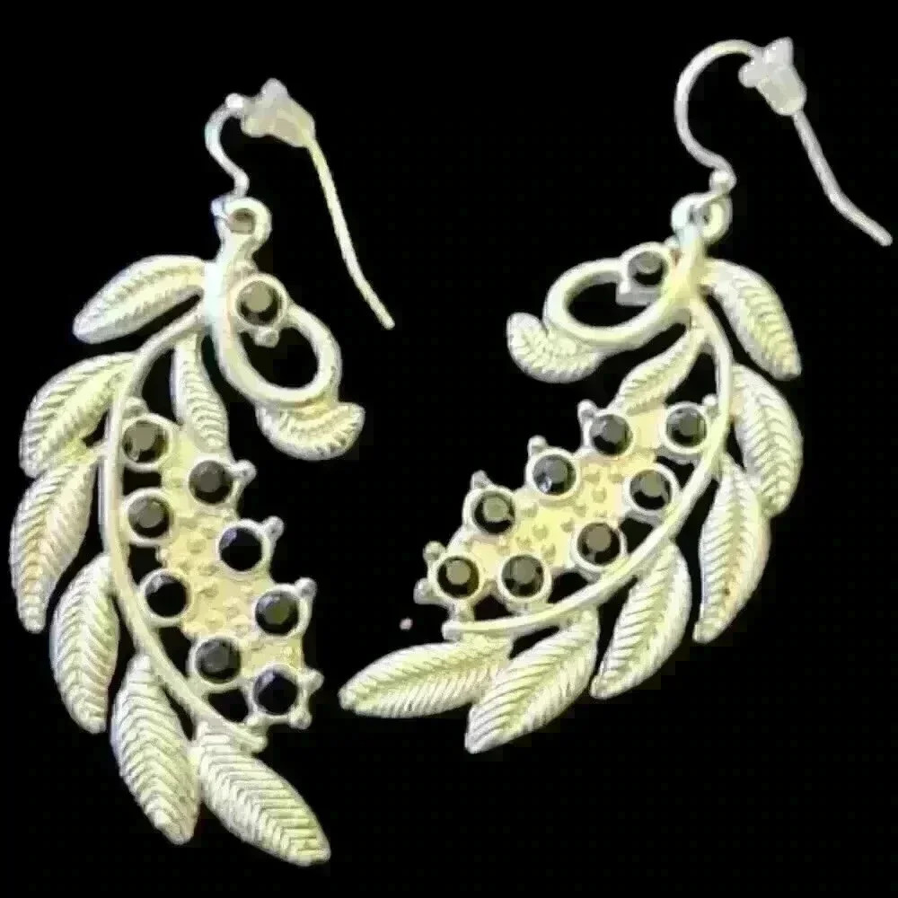 SILVER Branch Leaf Dangle Earring BLACK Stone Accents LIGHTWEIGHT